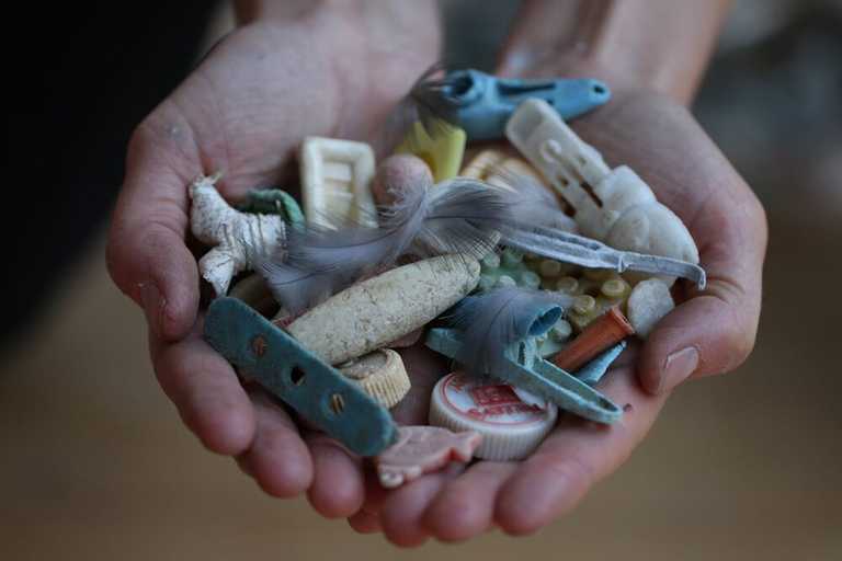 plastic debris in cupped hands