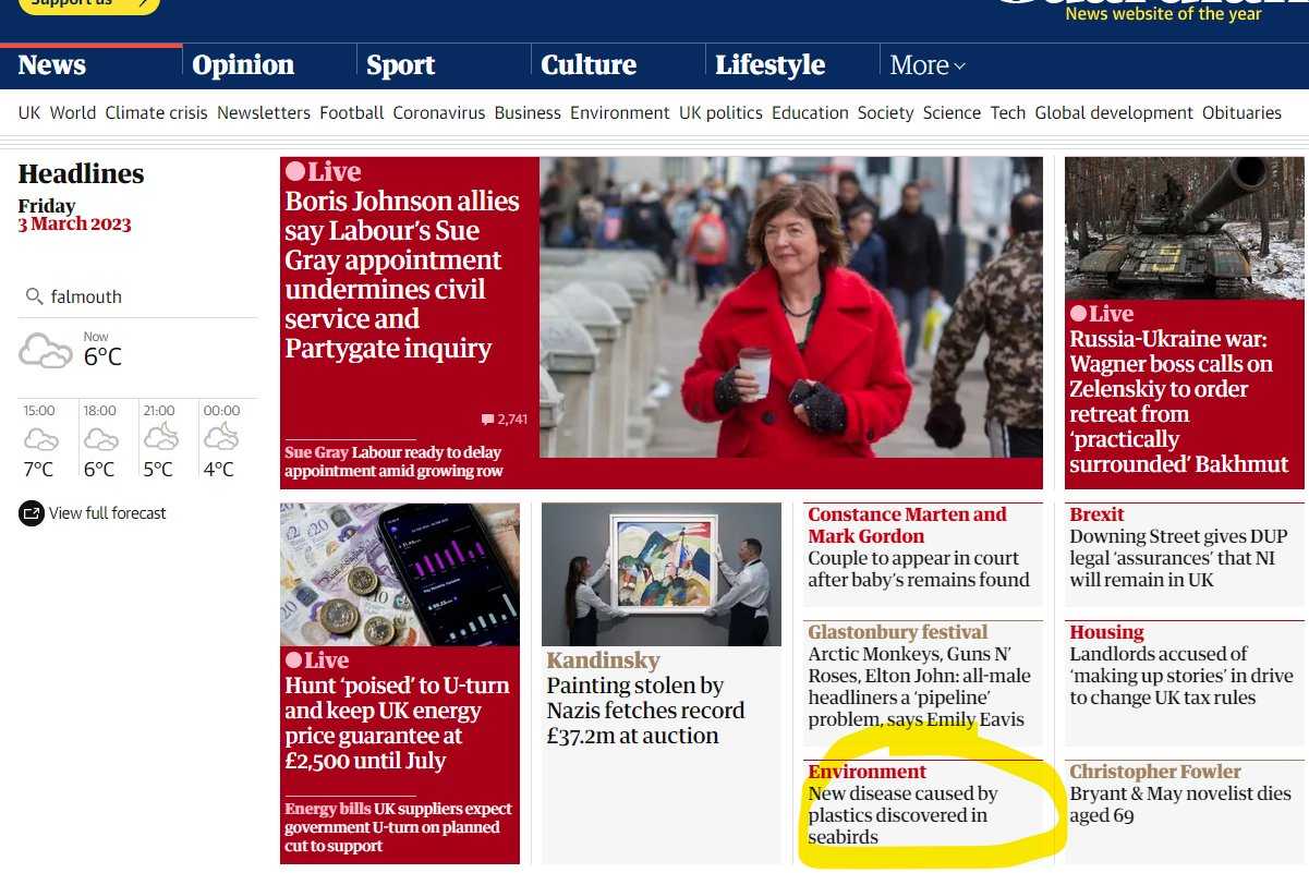 Plasticosis featured on the front page of The Guardian UK