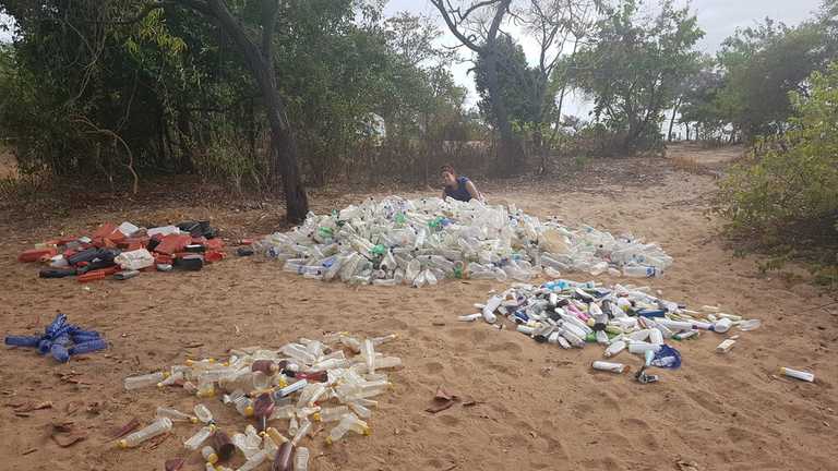large pile of plastic collected on beach